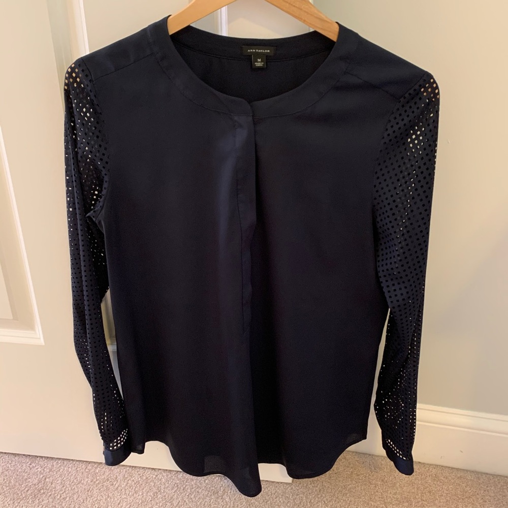 Ann Taylor Navy Perforated Sleeve Blouse Medium